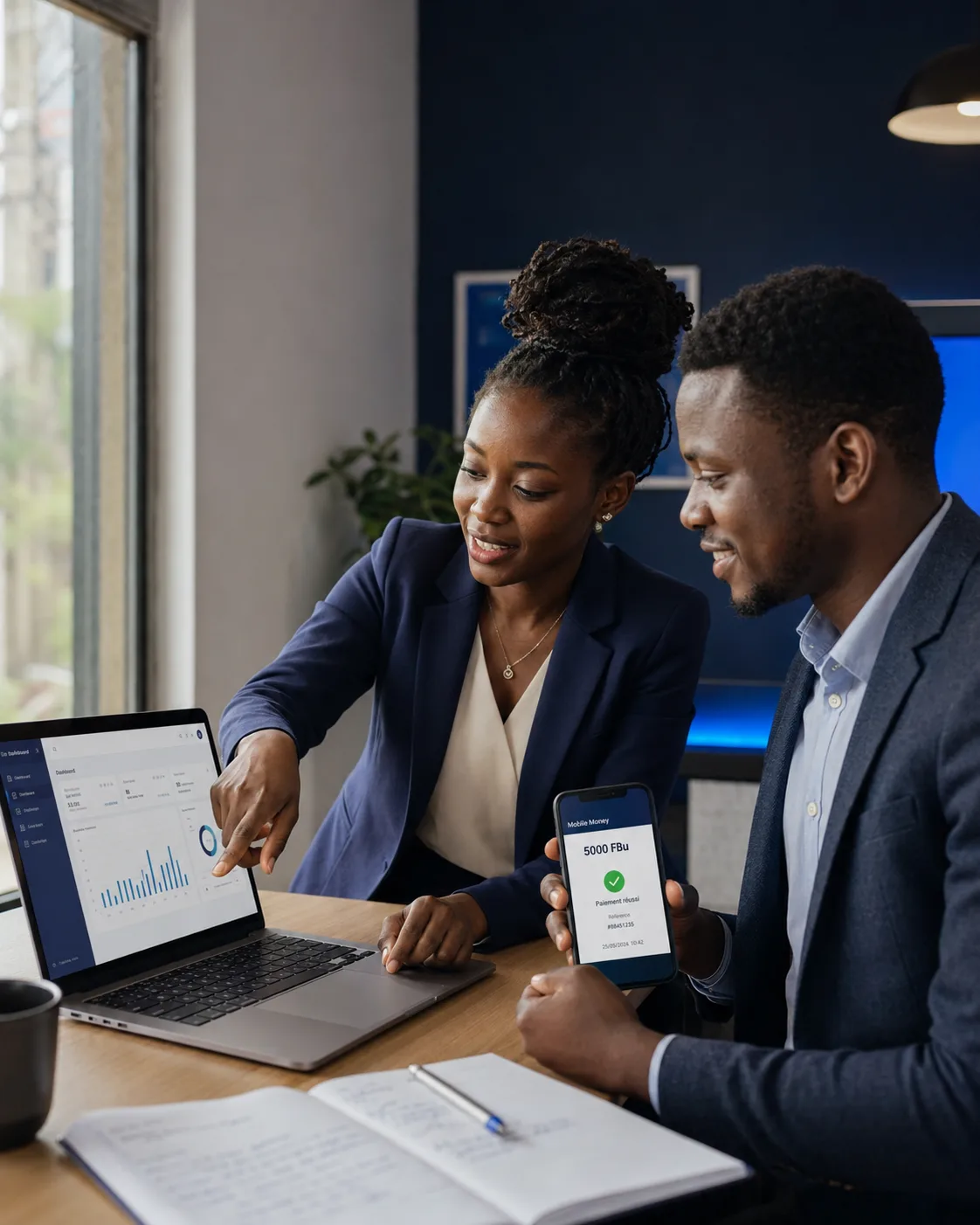 L'équipe ASER Technologies au travail — démo d'une application sur ordinateur et téléphone